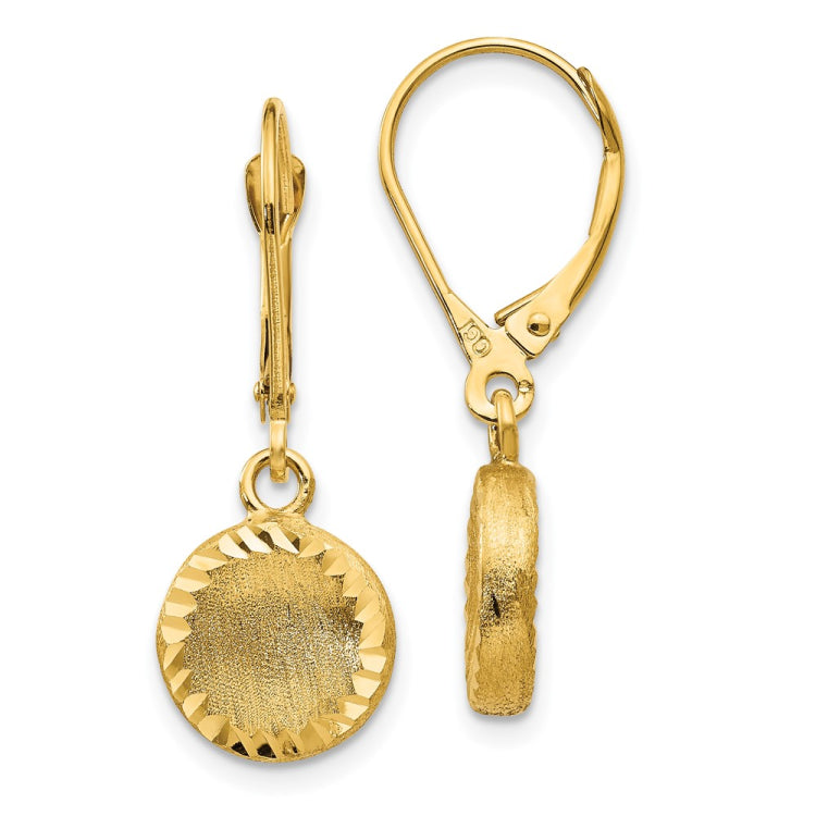 14k Brushed and Polished Diamond-cut Circle Dangle Leverback Earrings