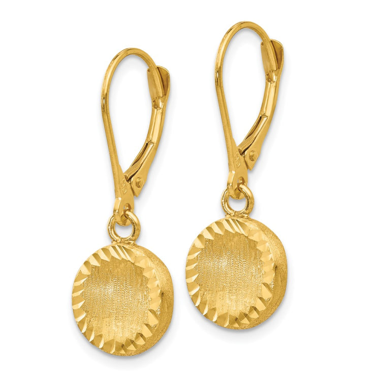 14k Brushed and Polished Diamond-cut Circle Dangle Leverback Earrings