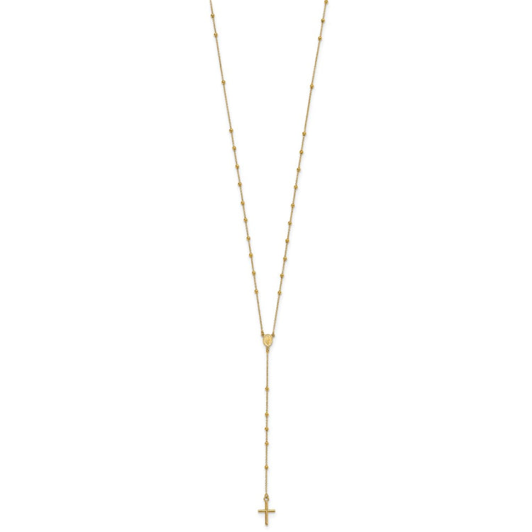 14k Polished Cross and Miraculous Medal Beaded 24 inch Rosary Necklace