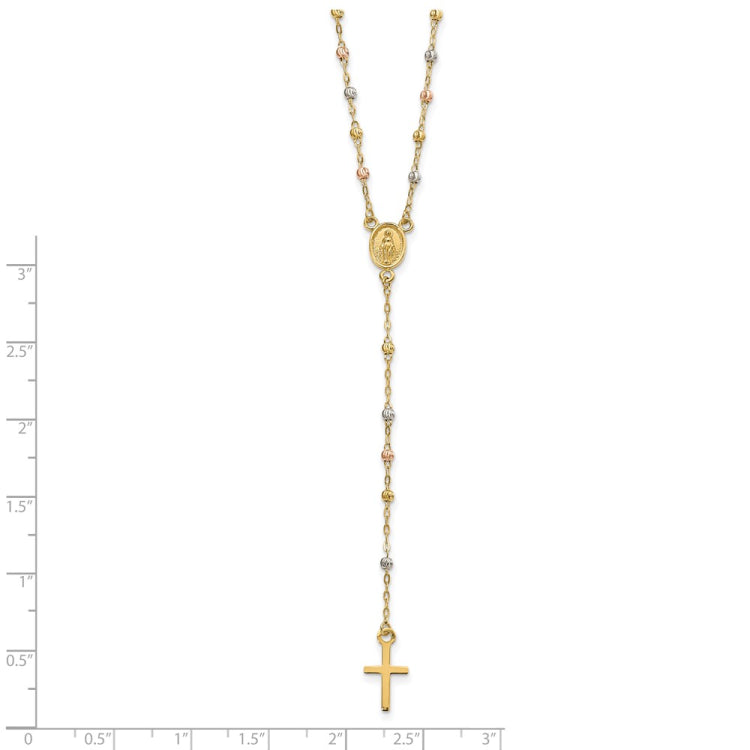 14k Tri-color Cross and Miraculous Medal with Laser-cut Beads 17 inch Rosary Necklace Plus 3 inch Extender