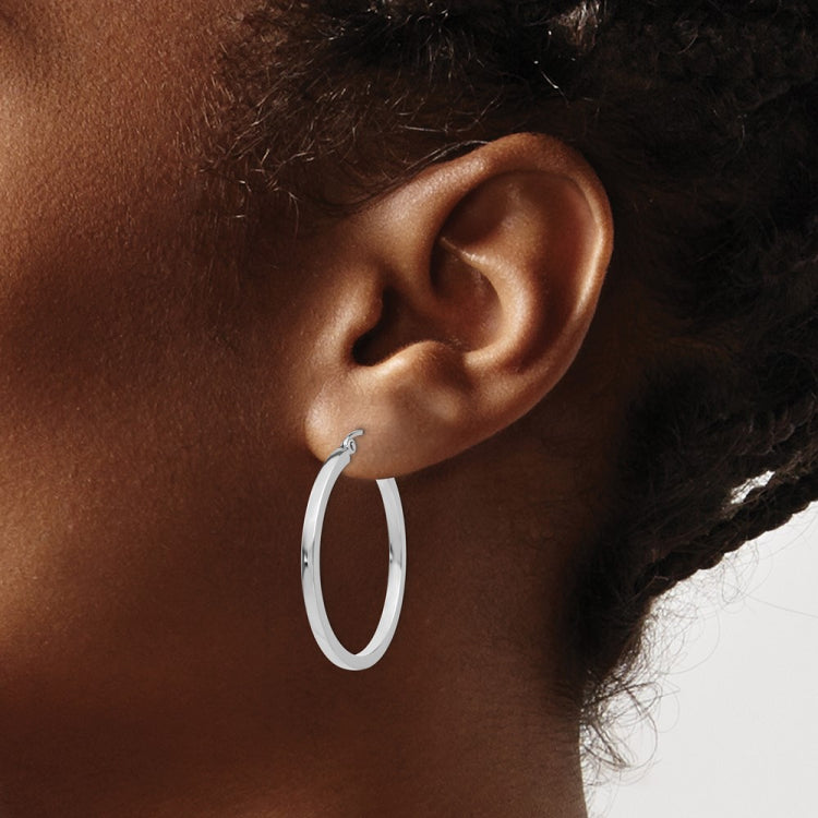 14k White Gold 2x30mm Square Tube Hoop Earrings
