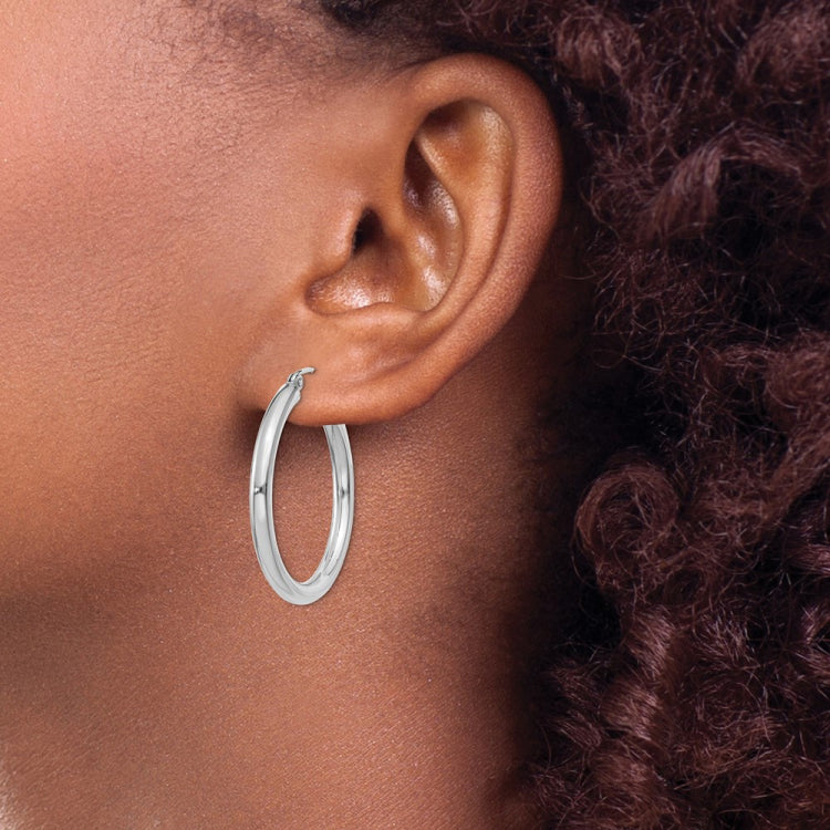 14K White Gold 3x30mm Polished Lightweight Tube Hoop Earrings