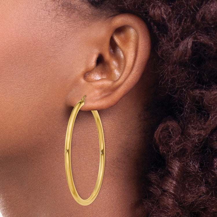 14K 3x55mm Polished Lightweight Tube Hoop Earrings