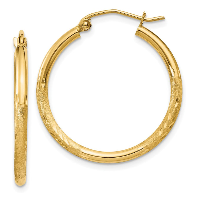 14k 2x25mm Satin Diamond-cut Round Tube Hoop Earrings