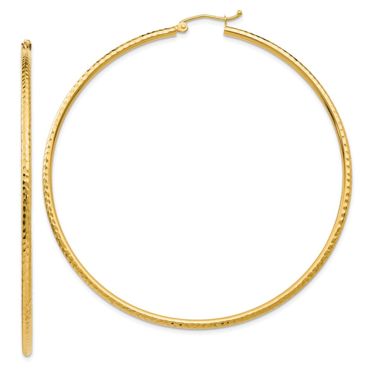 14k 2x65mm Diamond-cut Round Tube Hoop Earrings