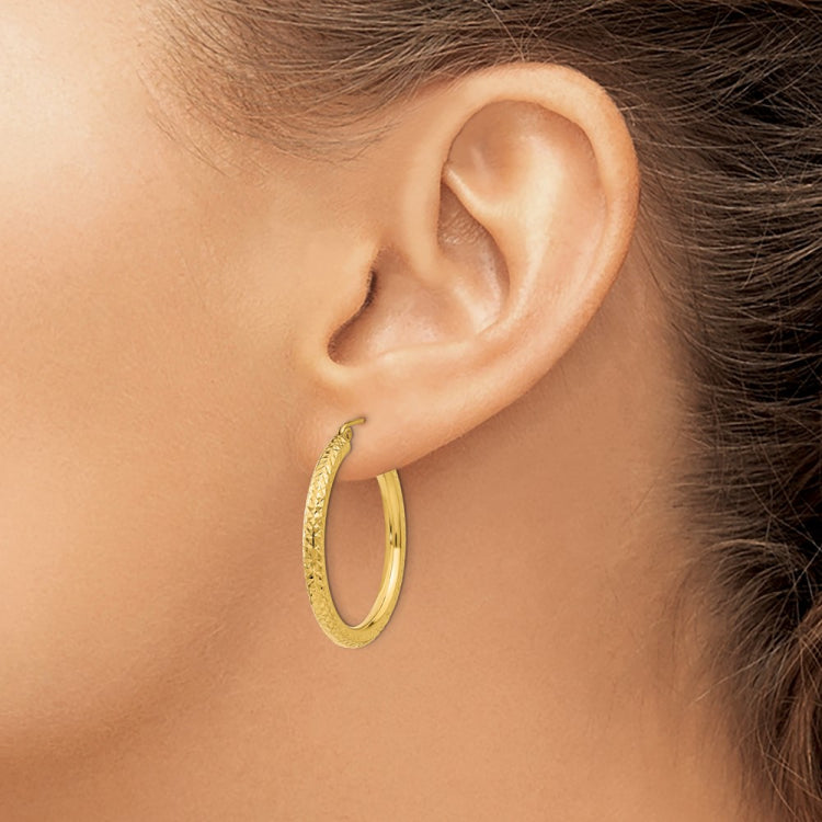 14k 3x30mm Diamond-cut Round Tube Hoop Earrings