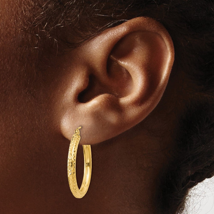 14k 3x25mm Diamond-cut Round Tube Hoop Earrings