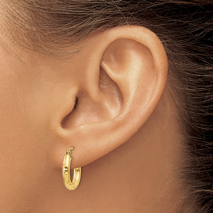 14k 3x16mm Diamond-cut Round Tube Hoop Earrings