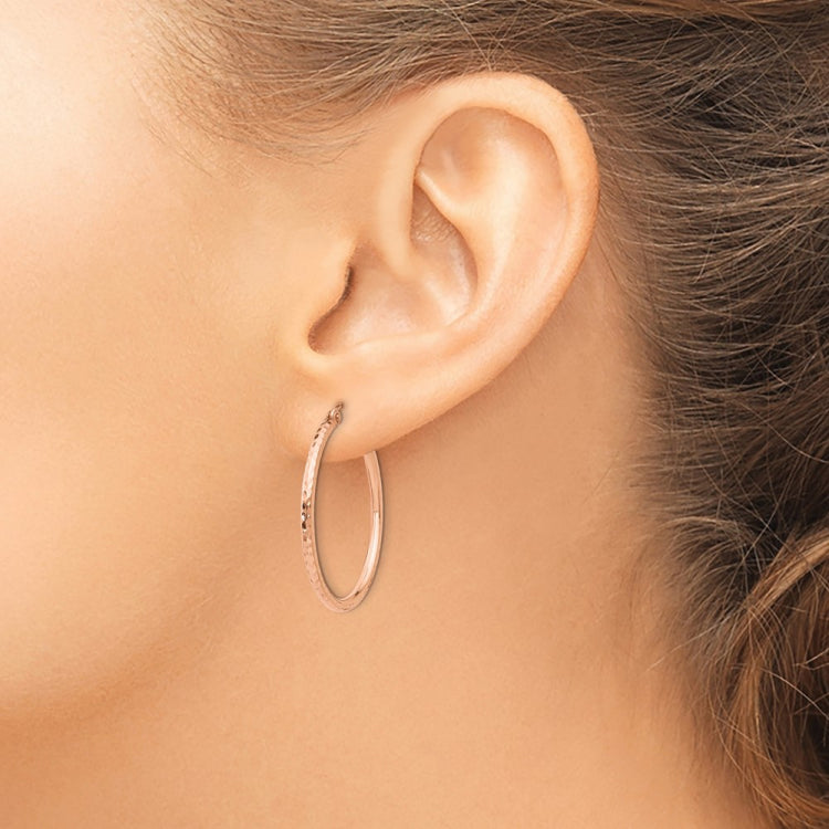 14k Rose Gold 2x30mm Diamond-cut Polished Tube Hoop Earrings