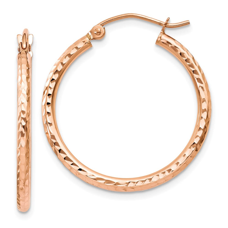14k Rose Gold 2x25mm Diamond-cut Polished Tube Hoop Earrings