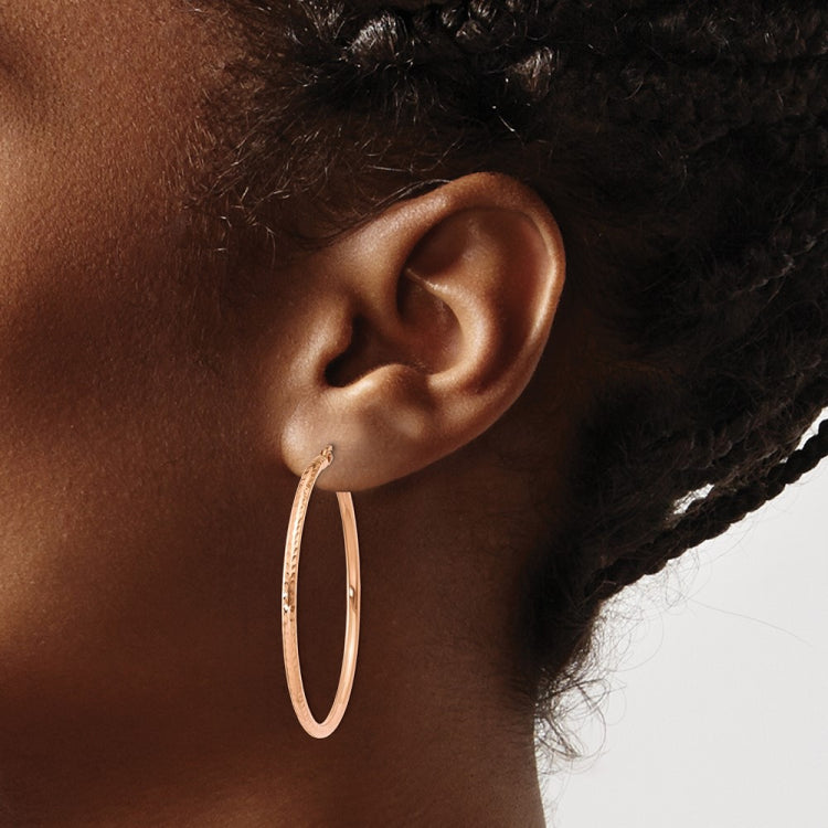 14k Rose Gold 2x40mm Polished Lightweight Diamond-cut Tube Hoop Earrings