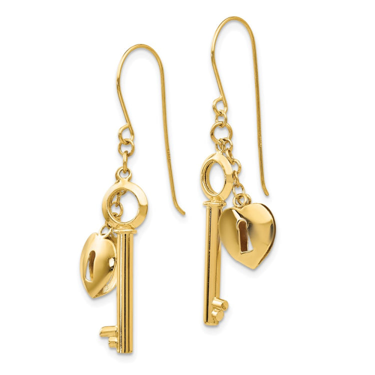 14K Puffed Heart Lock and Key French Hook Earrings