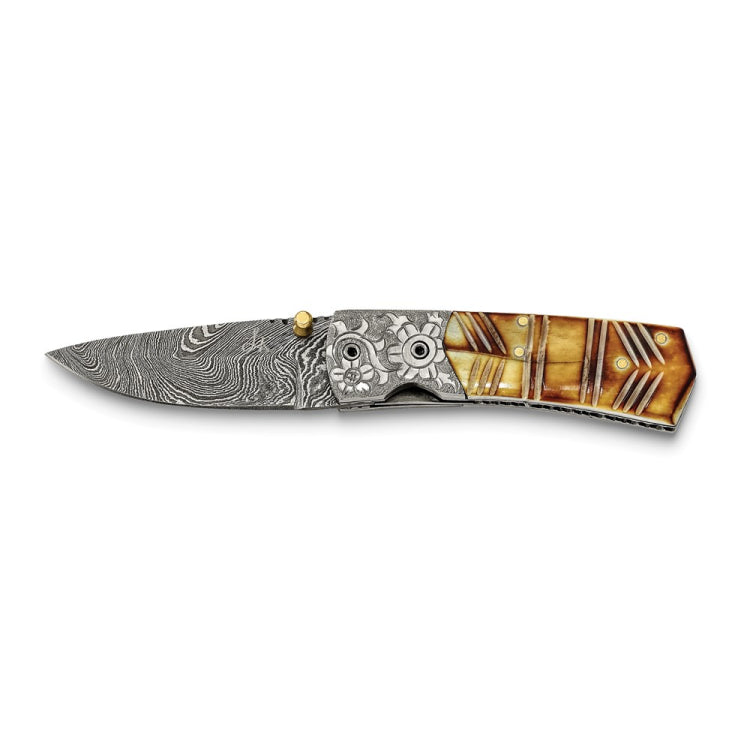 Luxury Giftware Damascus Steel 256 Layer Folding Dyed and Carved Camel Bone Handle Knife with Leather Sheath and Wooden Gift Box