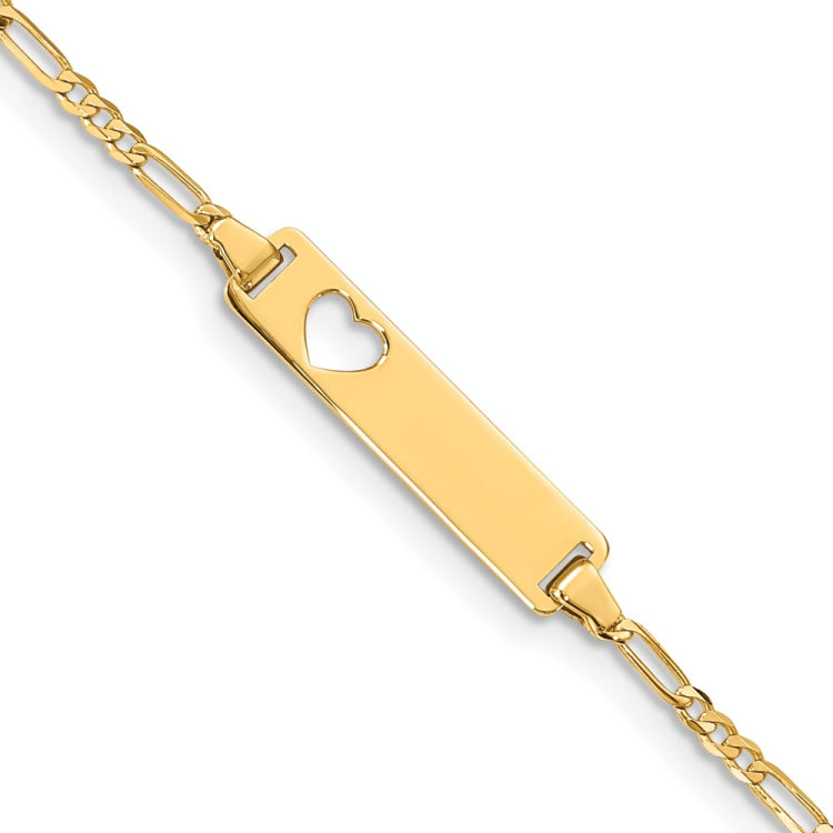14k Polished Solid Chain/Solid Plate Figaro Link Cut-out Heart 20x5mm Plate 7 inch ID Bracelet