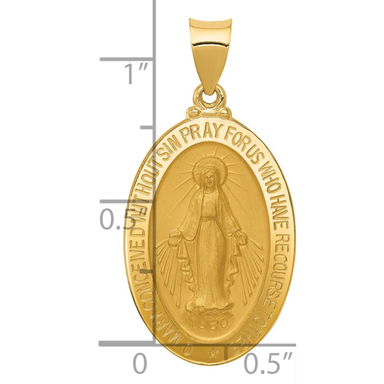 14k Polished and Satin Hollow Miraculous Medal Oval Pendant