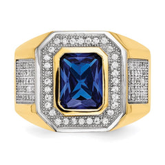 IB Goodman 14k and White Rhodium CZ and Emerald-cut Blue CZ Mens Ring