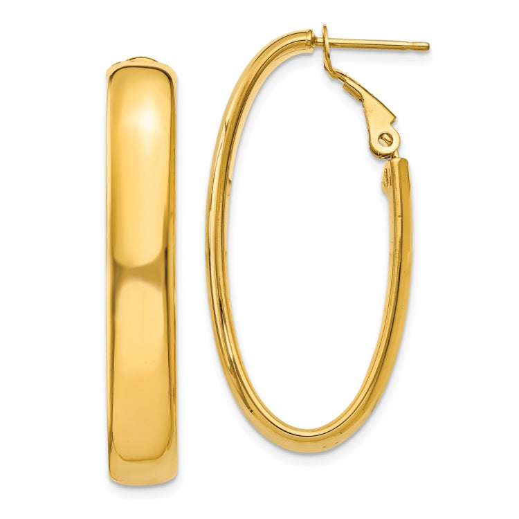 14k 6x34mm Polished Oval Omega Back Tube Hoop Earrings