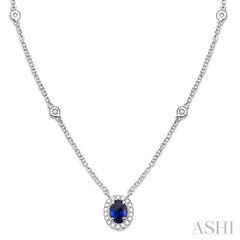 6x4 MM Oval Cut Sapphire and 1/6 Ctw Round Cut Diamond Necklace in 14K White Gold