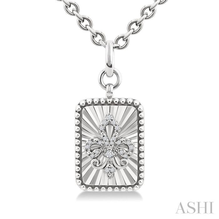 1/10 Ctw Rectangle fluted medallion Single Cut Diamond Fleur-De-Lis Pendant With Chain in Sterling Silver