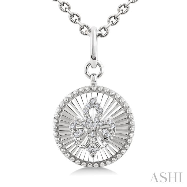 1/10 Ctw Round fluted medallion Single Cut Diamond Fleur-De-Lis Pendant With Chain in Sterling Silver
