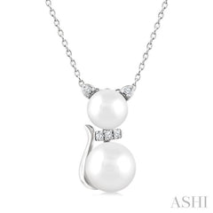 6&7 MM Cultured Pearl and 1/20 Ctw Single Cut Diamond Cat Shape Petite Fashion Pendant With Chain in 10K White Gold