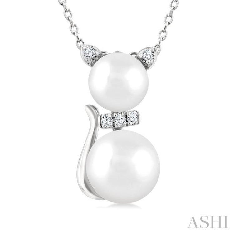 6&7 MM Cultured Pearl and 1/20 Ctw Single Cut Diamond Cat Shape Petite Fashion Pendant With Chain in 10K White Gold