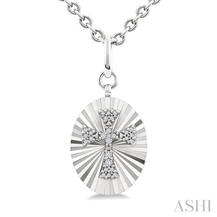 1/10 Ctw Oval Fluted Medallion Single Cut Diamond Cross Pendant With Chain in Sterling Silver