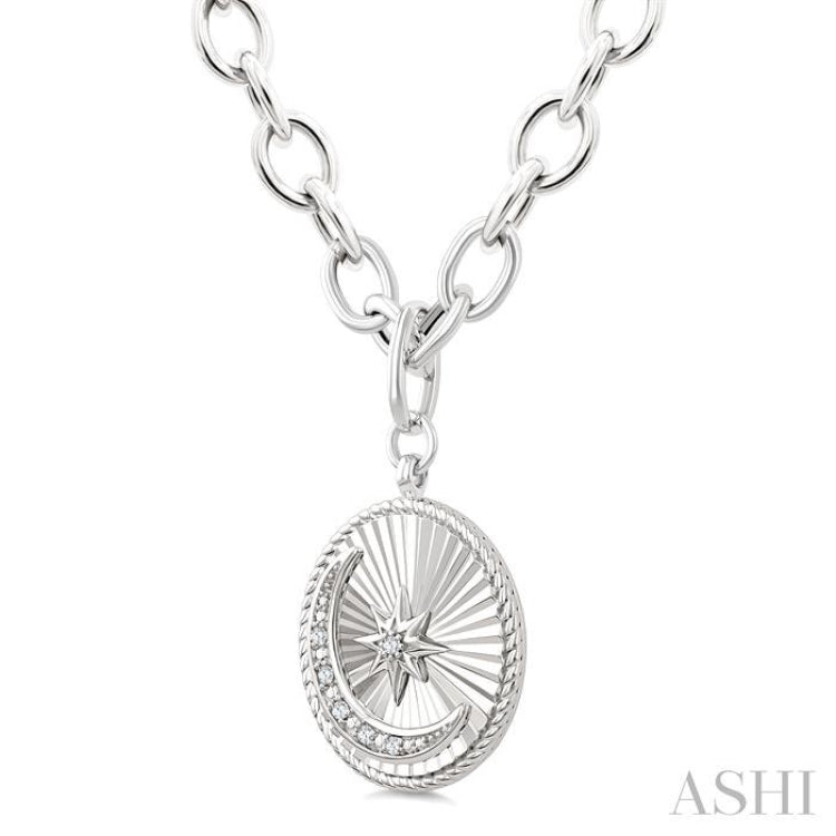 1/20 Ctw Circle Fluted Medallion Single Cut Diamond Moon & Star Fashion Pendant With Chain in Sterling Silver
