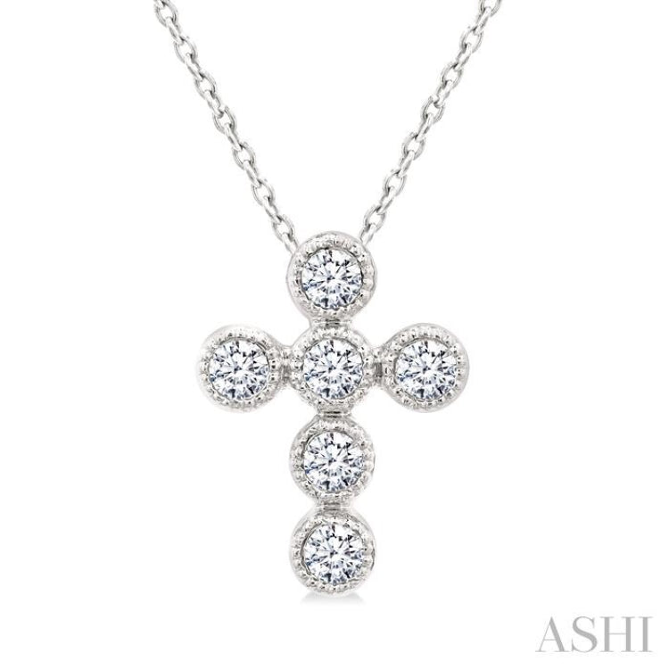 1/20 Ctw Round Cut Diamond Bezel Set Cross Petite Pendant With Chain in 10K White Gold
