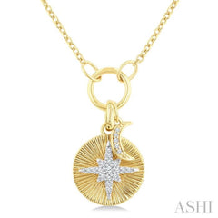 1/8 Ctw Crescent Moon & Star Charm Fluted Round Cut Diamond Fashion Pendant With Chain in 10K Yellow and White Gold