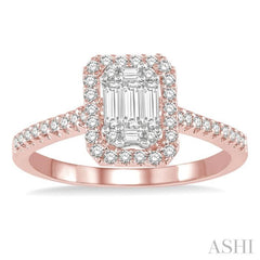 5/8 Ctw Emerald Shape Baguette and Round Cut Diamond Ring in 14K Rose and White Gold