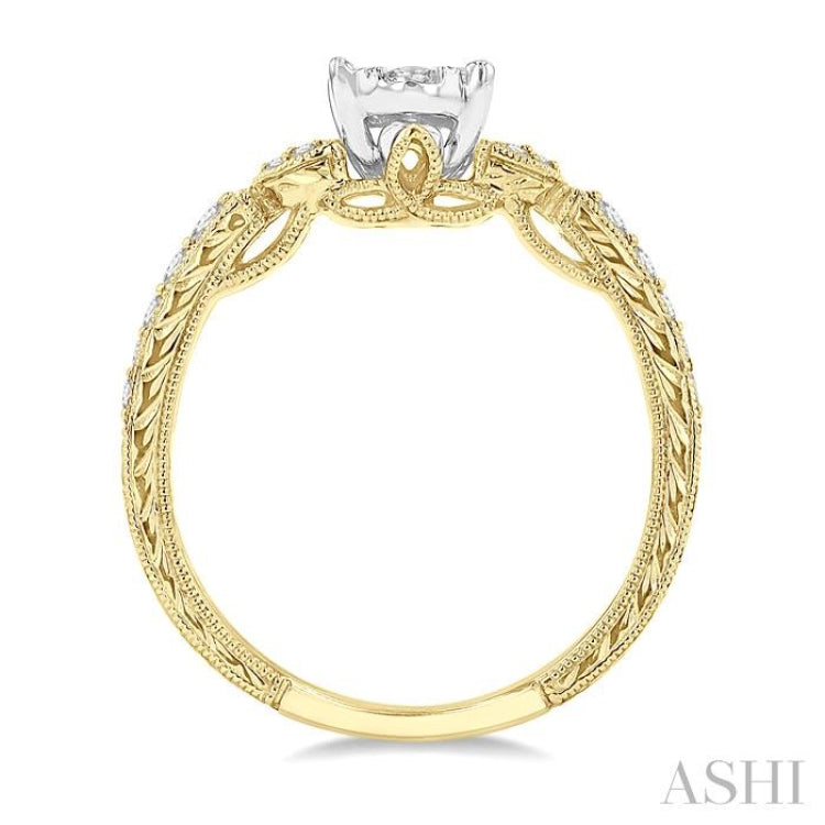 1/2 Ctw Oval Shape Leaf Carved Shank Lovebright Round Cut Diamond Engagement Ring in 14K Yellow and White Gold