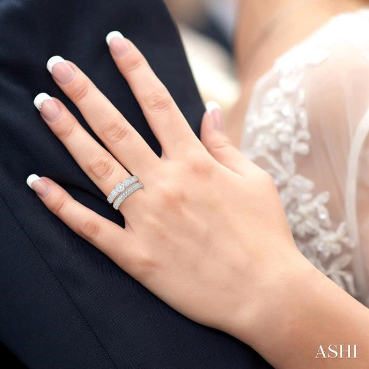 1 Ctw Lovebright Round Cut Diamond Wedding Set With 1/2 Ctw Tri-Mount Engagement Ring and 3/8 Ctw Lattice Wedding Band in 14K White Gold