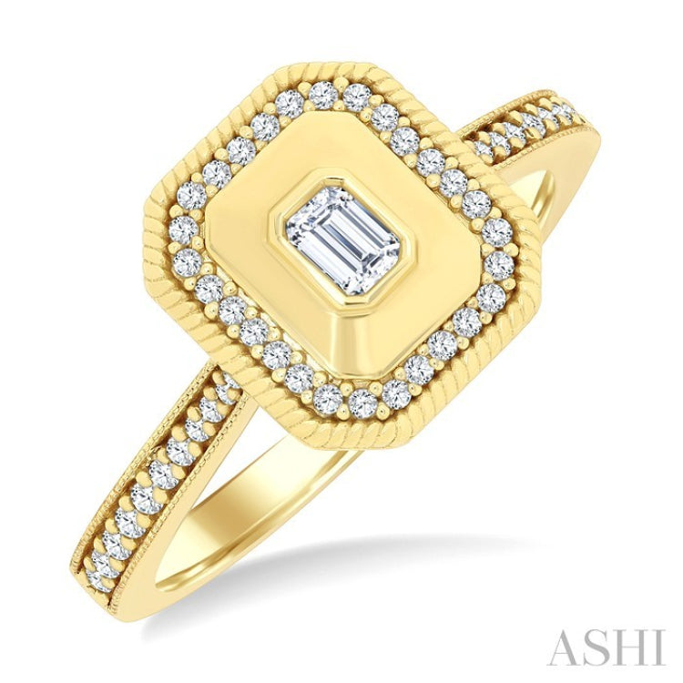 1/3 Ctw Octagonal Shaped Art Deco Emerald and Round Cut Diamond Fashion Ring in 14K Yellow Gold