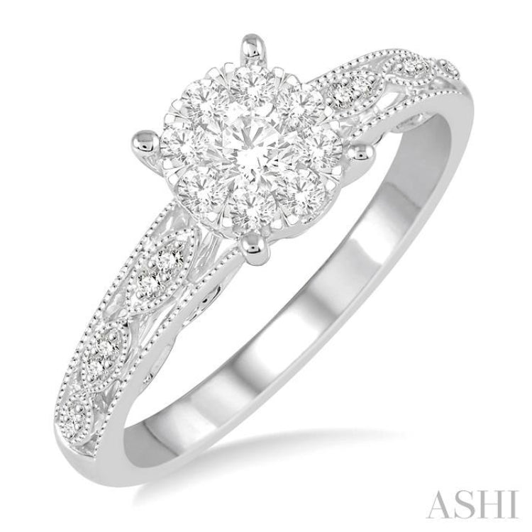 1/3 Ctw Round Cut Diamond Lovebright Engagement Ring in 14K White Gold