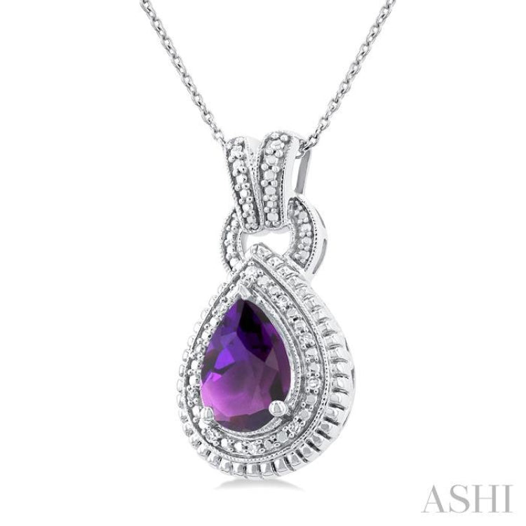 10X7 MM Pear Cut Amethyst and 1/20 Ctw Round Cut Diamond Semi-Precious Pendant With Chain in Sterling Silver