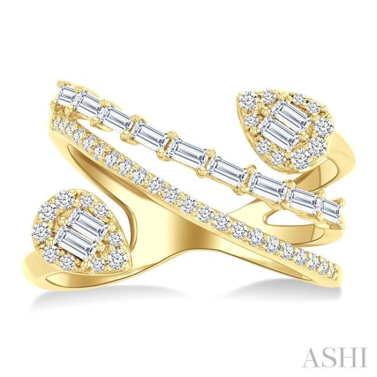 3/4 Ctw Pear Shape Fusion Baguette and Round Cut Diamond Fashion Wrap Ring in 14K Yellow Gold