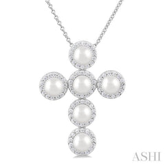 4 MM Cross Cultured Pearl and 1/3 Ctw Round Cut Diamond Pendant With Chain in 14K White Gold