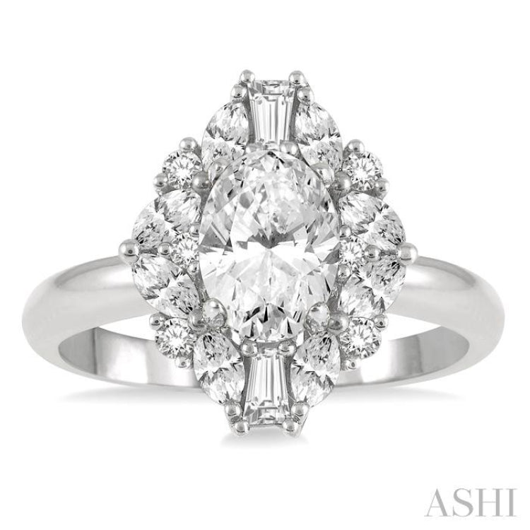 5/8 Ctw Marquise Shape Oval, Baguette and Round Cut Diamond Semi-Mount Engagement Ring in 14K White Gold