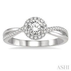 1/2 Ctw Criss Cross Shank Round Cut Diamond Ladies Engagement Ring with 1/4 Ct Round Cut Center Stone in 14K White Gold