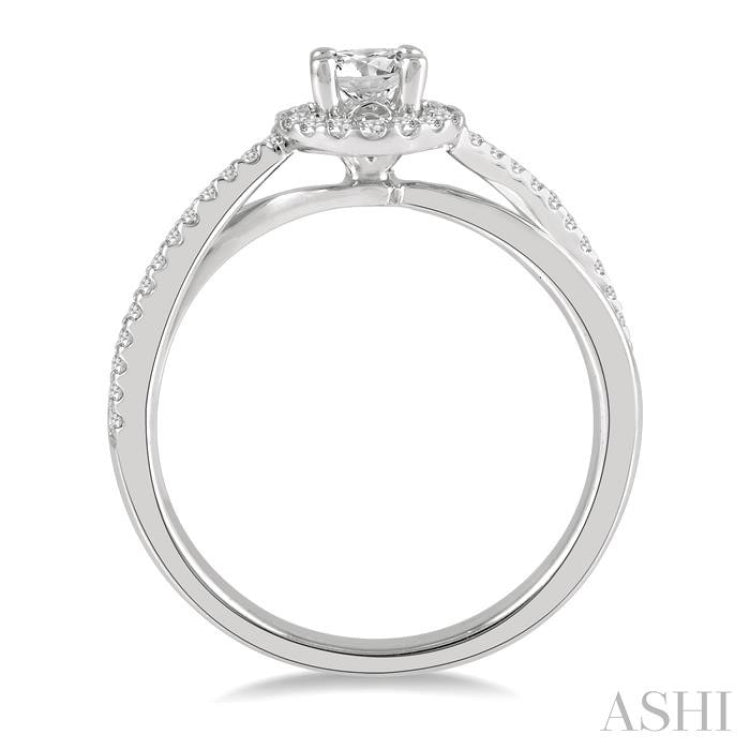 1/2 Ctw Criss Cross Shank Round Cut Diamond Ladies Engagement Ring with 1/4 Ct Round Cut Center Stone in 14K White Gold