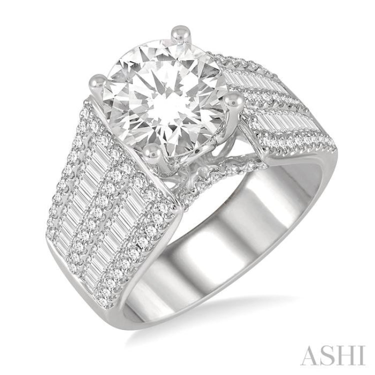 1 5/8 Ctw Wide Shank Baguette and Round Cut Diamond Semi-Mount Engagement Ring in 14K White Gold