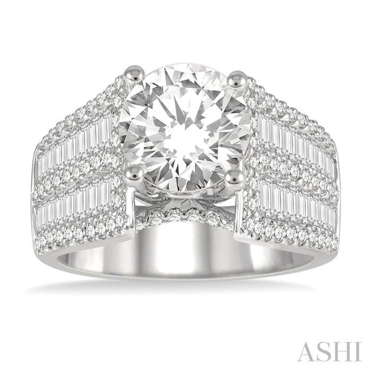 1 5/8 Ctw Wide Shank Baguette and Round Cut Diamond Semi-Mount Engagement Ring in 14K White Gold