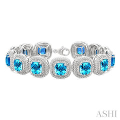 7 MM Oval Shape Blue Topaz and 1/10 Ctw Round Cut Diamond Semi-Precious Bracelet in Sterling Silver
