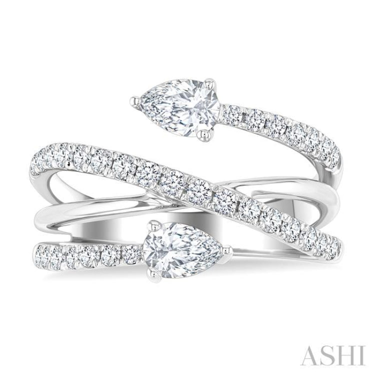 1 Ctw East West Pear and Round Cut Diamond Split Open-End Fashion Ring in 14K White Gold