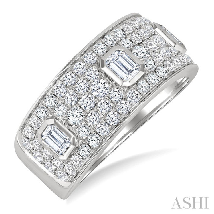 1 1/2 Ctw 3-Stone Emerald and Round Cut Diamond Fashion Wide Band in 14K White Gold