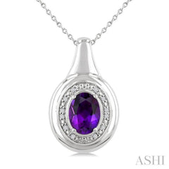 8X6 MM Oval Shape Amethyst and 1/20 Ctw Single Cut Diamond Semi-precious Pendant With Chain in Sterling Silver