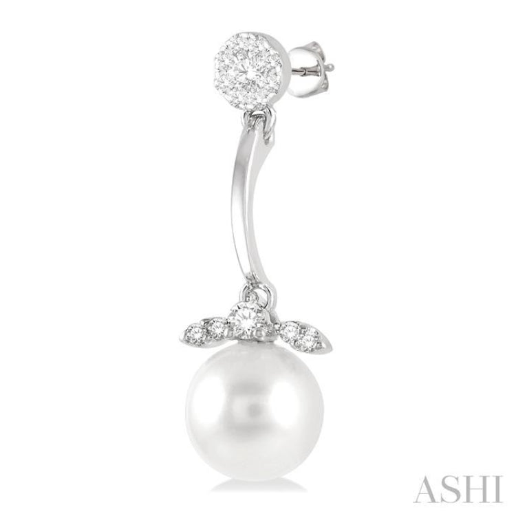 7 MM Cultured White Pearl and 1/4 Ctw Lovebright Round Cut Diamond Fashion Earrings in 14K White Gold