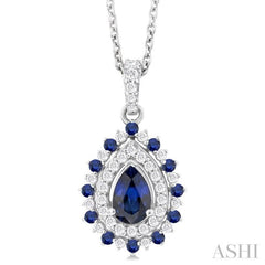 6X4 MM Pear Cut & 1.55 MM Round Cut Sapphire and 1/4 Ctw Round Cut Diamond Floral Precious Pendant With Chain in 14K White Gold