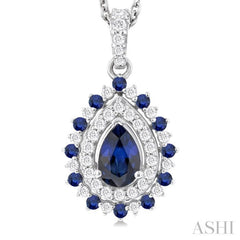 6X4 MM Pear Cut & 1.55 MM Round Cut Sapphire and 1/4 Ctw Round Cut Diamond Floral Precious Pendant With Chain in 14K White Gold